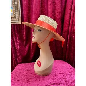 Vintage Accessory Straw Sun Hat Orange Ribbon Wide Brim Style with Chin Ribbon